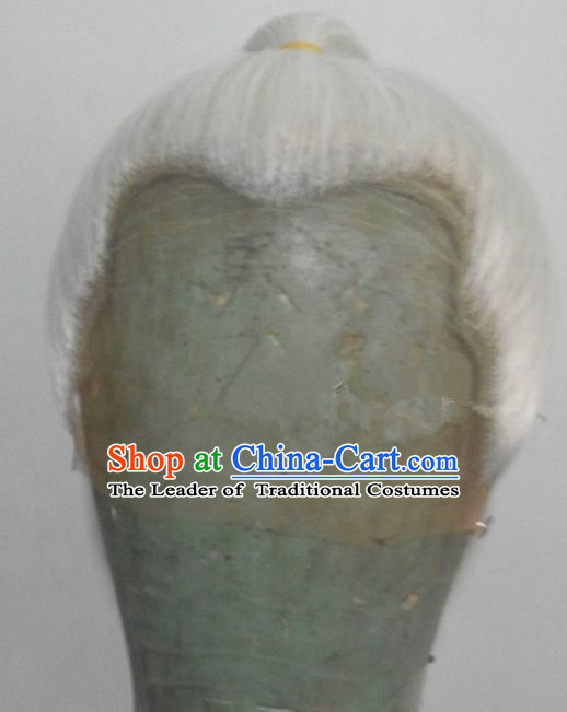 Chinese Ancient Opera Swordsman White Chignon Wig, Traditional Chinese Beijing Opera Taoist Priest Wig Sheath for Men