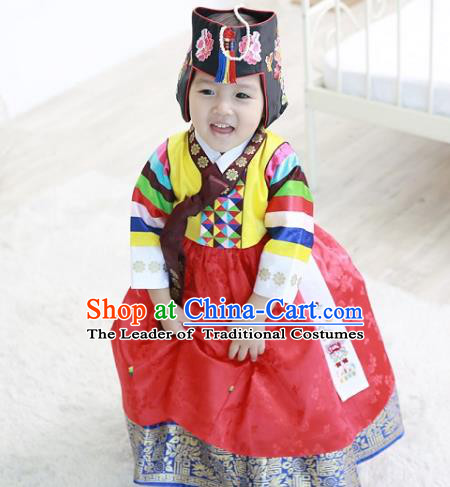 Korean National Handmade Formal Occasions Girls Clothing Palace Hanbok Costume Embroidered Yellow Blouse and Red Dress for Kids