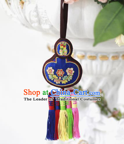 Asian Korean Hanbok Embroidered Blue Waist Decorations, Korean National Belts Accessories Wedding Bride Waist Pendant for Kids