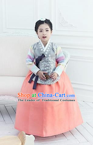 Korean National Handmade Formal Occasions Girls Clothing Palace Hanbok Costume Embroidered Grey Blouse and Orange Dress for Kids