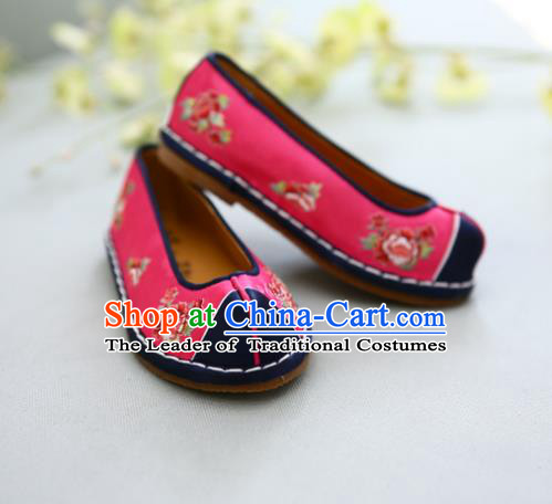 Traditional Korean National Wedding Shoes Red Embroidered Shoes, Asian Korean Hanbok Embroidery Flat Shoes for Kids