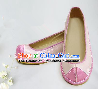 Traditional Korean National Wedding Shoes Pink Embroidered Shoes, Asian Korean Hanbok Embroidery Flat Shoes for Kids