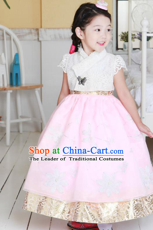Korean National Handmade Formal Occasions Girls Clothing Palace Hanbok Costume Embroidered White Lace Blouse and Pink Dress for Kids