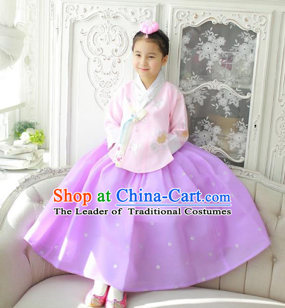 Korean National Handmade Formal Occasions Girls Clothing Palace Hanbok Costume Embroidered Pink Blouse and Purple Dress for Kids