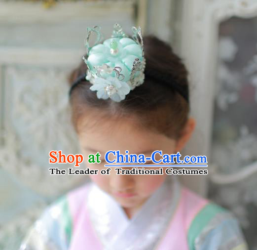 Korean National Bride Hair Accessories Blue Flowers Hair Clasp, Asian Korean Hanbok Palace Headband Headwear for Kids
