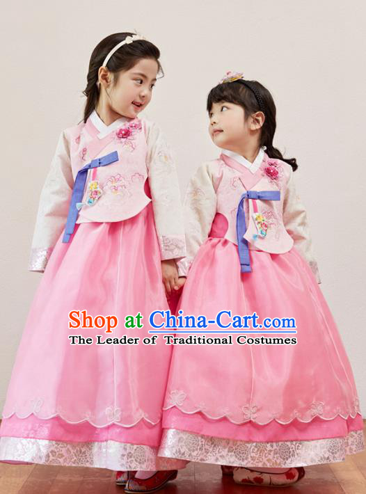Korean National Handmade Formal Occasions Girls Clothing Palace Hanbok Costume Embroidered Pink Blouse and Pink Dress for Kids