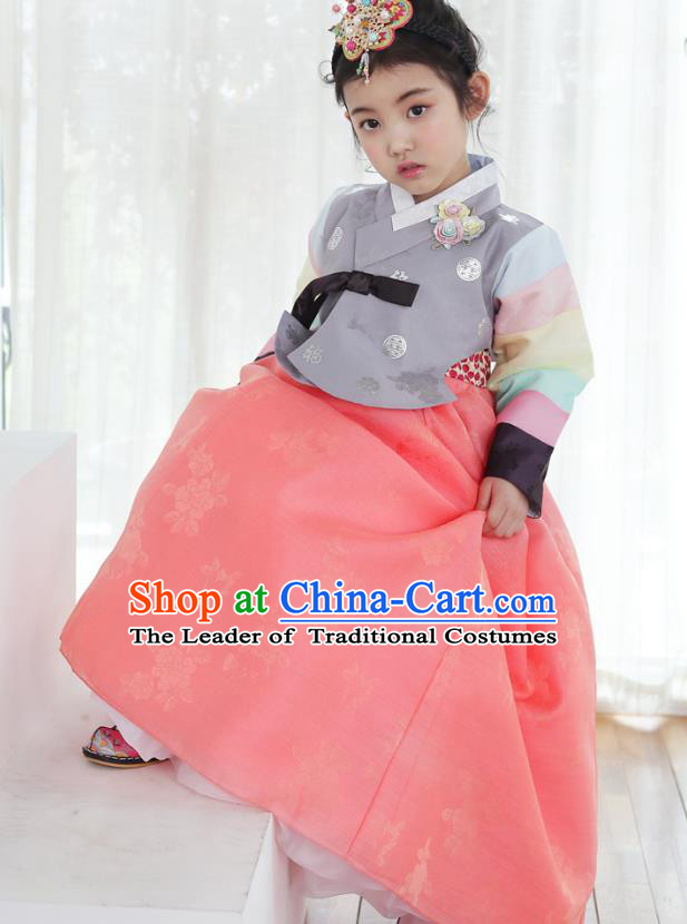 Korean National Handmade Formal Occasions Girls Clothing Palace Hanbok Costume Embroidered Grey Blouse and Pink Dress for Kids