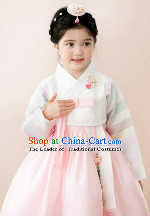Traditional Korean National Handmade Formal Occasions Girls Clothing Palace Hanbok Costume Embroidered White Blouse and Pink Dress for Kids