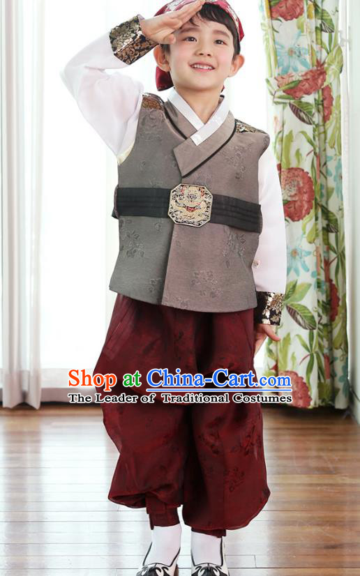 Asian Korean National Traditional Handmade Formal Occasions Boys Embroidery Deep Grey Vest Hanbok Costume Complete Set for Kids
