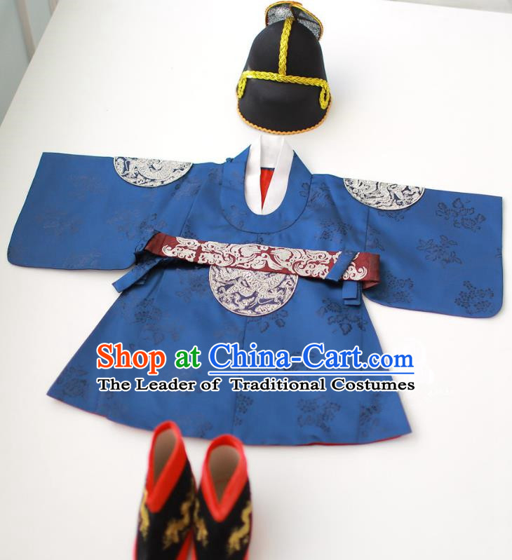 Asian Korean National Traditional Handmade Formal Occasions Boys Embroidery Blue Robe Hanbok Costume for Kids