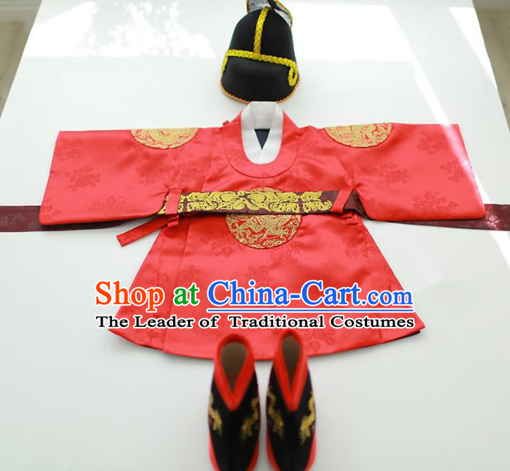 Asian Korean National Traditional Handmade Formal Occasions Boys Embroidery Red Robe Hanbok Costume for Kids