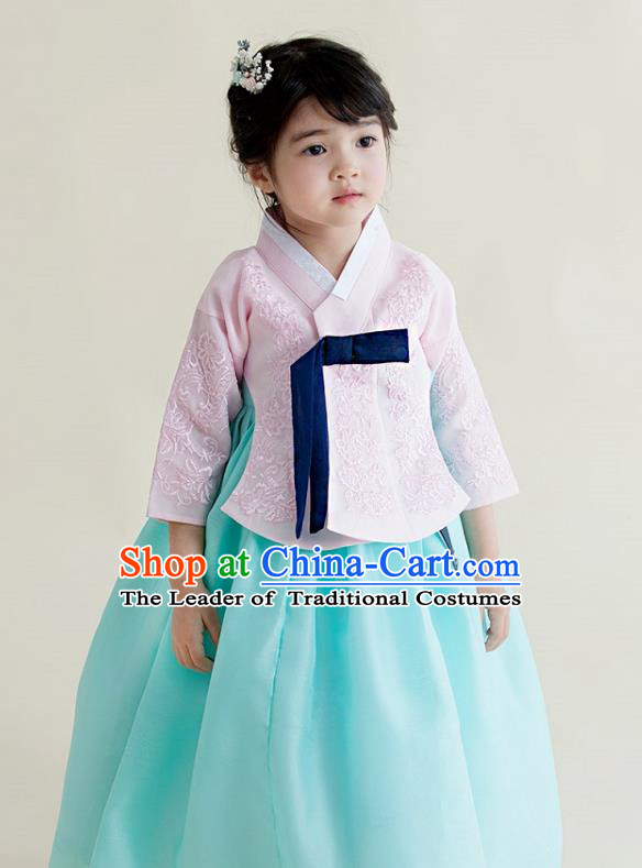 Korean National Handmade Formal Occasions Girls Clothing Palace Hanbok Costume Embroidered Pink Blouse and Blue Dress for Kids
