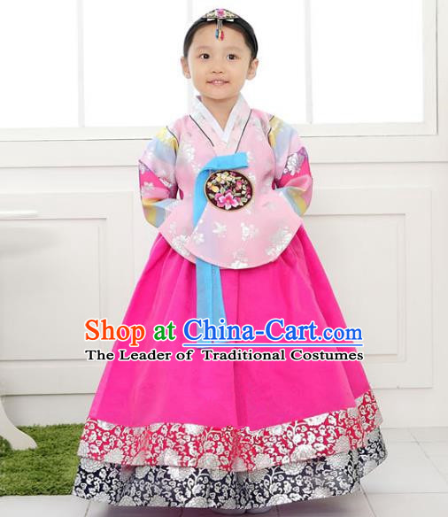 Traditional Korean National Handmade Formal Occasions Girls Clothing Palace Hanbok Costume Embroidered Pink Blouse and Rosy Dress for Kids