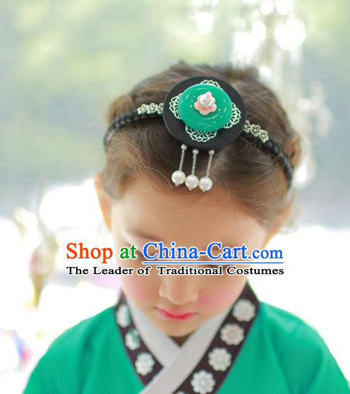 Korean National Bride Hair Accessories Green Hair Clasp, Asian Korean Hanbok Palace Headband Headwear for Kids