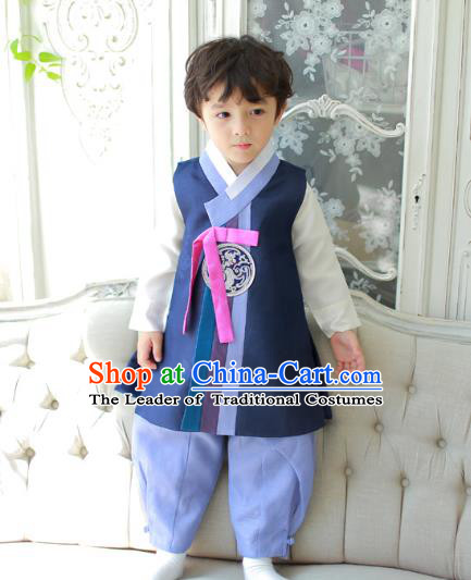 Asian Korean National Traditional Handmade Formal Occasions Boys Navy Vest Hanbok Costume Complete Set for Kids