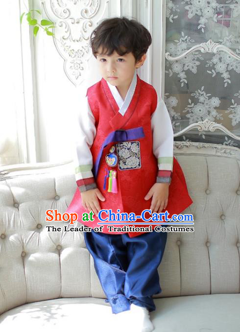 Asian Korean National Traditional Handmade Formal Occasions Boys Embroidered Red Vest Hanbok Costume Complete Set for Kids