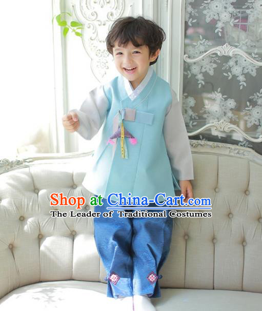 Asian Korean National Traditional Handmade Formal Occasions Boys Embroidered Green Vest Hanbok Costume Complete Set for Kids