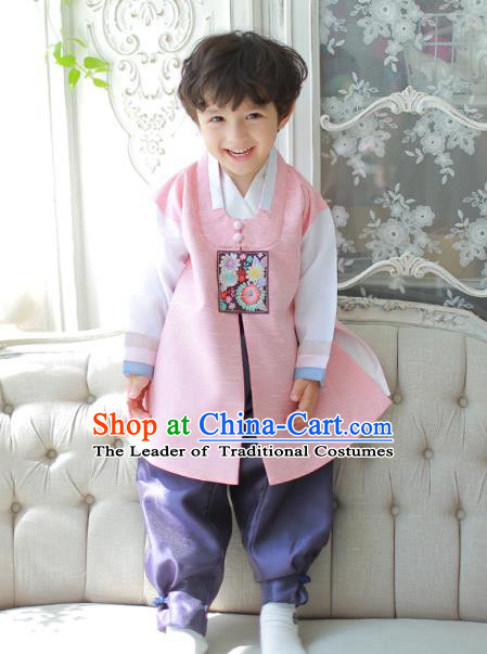Asian Korean National Traditional Handmade Formal Occasions Boys Embroidered Pink Vest Hanbok Costume Complete Set for Kids