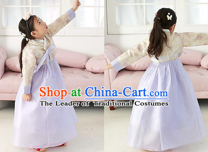 Traditional Korean National Handmade Formal Occasions Girls Palace Hanbok Costume Embroidered Yellow Blouse and Purple Dress for Kids