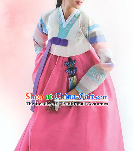 Top Grade Korean National Handmade Wedding Palace Bride Hanbok Costume Embroidered White Blouse and Pink Dress for Women