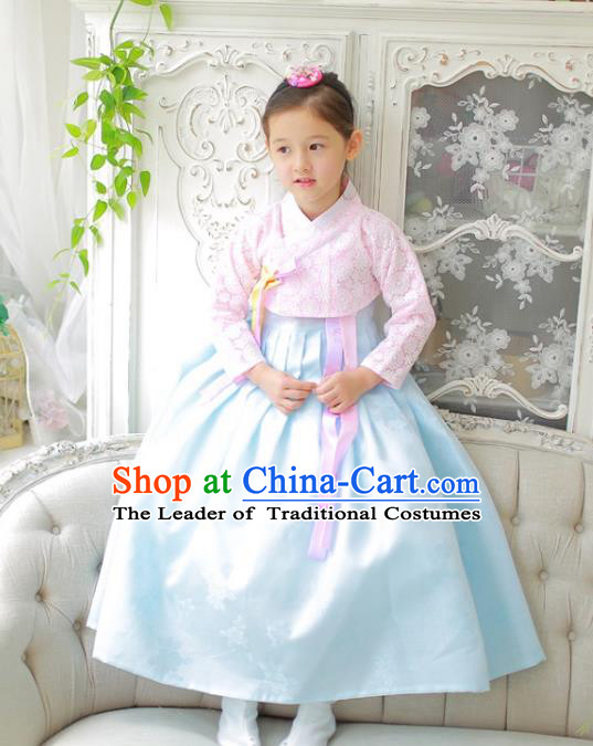 Traditional Korean National Handmade Formal Occasions Girls Clothing Palace Hanbok Costume Embroidered Pink Blouse and Blue Dress for Kids