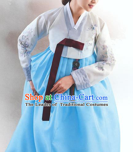 Top Grade Korean National Handmade Wedding Palace Bride Hanbok Costume Embroidered White Blouse and Blue Dress for Women