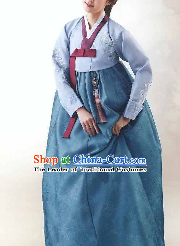 Top Grade Korean National Handmade Wedding Palace Bride Hanbok Costume Embroidered Blue Blouse and Dress for Women