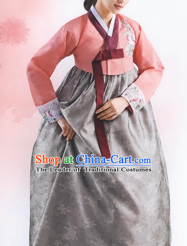 Top Grade Korean National Handmade Wedding Palace Bride Hanbok Costume Embroidered Orange Blouse and Grey Dress for Women