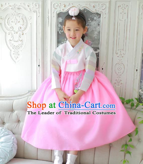 Traditional Korean National Handmade Formal Occasions Girls Clothing Palace Hanbok Costume Embroidered Pink Blouse and Pink Veil Dress for Kids