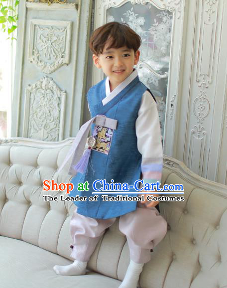 Asian Korean National Traditional Handmade Formal Occasions Boys Embroidery Deep Blue Vest Hanbok Costume Complete Set for Kids