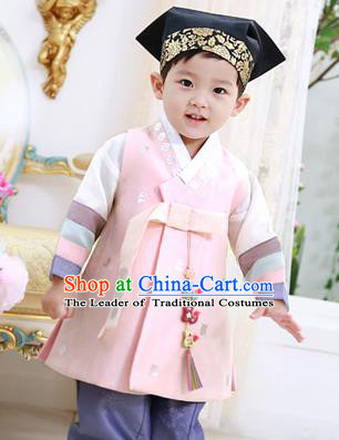 Traditional Asian Korean National Handmade Formal Occasions Boys Embroidery Pink Vest Hanbok Costume Complete Set for Kids