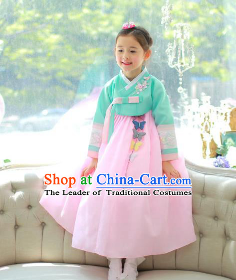 Traditional Korean National Handmade Formal Occasions Girls Palace Hanbok Costume Embroidered Green Blouse and Pink Dress for Kids