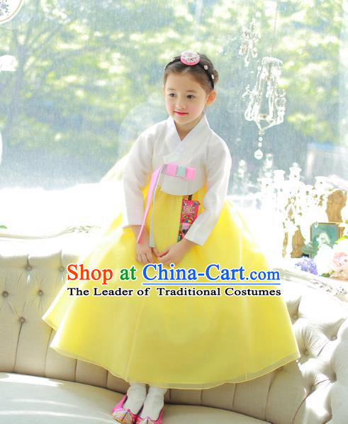 Traditional Korean National Handmade Formal Occasions Girls Palace Hanbok Costume Embroidered White Blouse and Yellow Dress for Kids