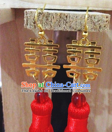 Traditional Handmade Chinese Ancient Classical Accessories Bride Wedding Xiuhe Suit Red Tassel Earrings for Women