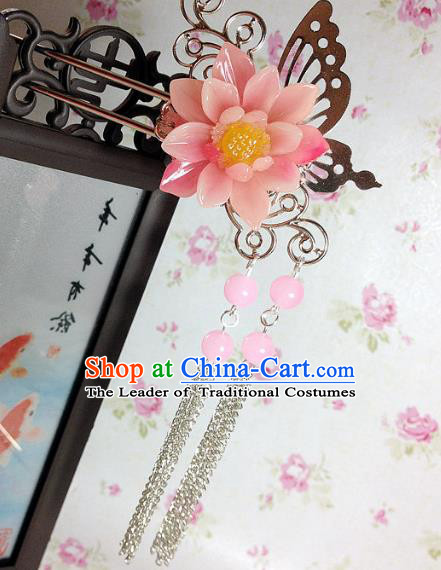 Traditional Chinese Ancient Classical Hair Accessories Hanfu Pink Flower Hair Clip Tassel Step Shake Bride Hairpins for Women