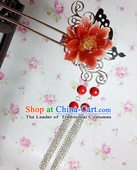 Traditional Chinese Ancient Classical Hair Accessories Hanfu Red Flower Hair Clip Tassel Step Shake Bride Hairpins for Women