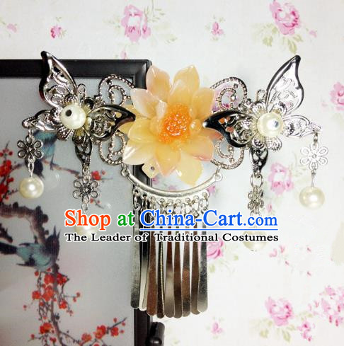 Traditional Chinese Ancient Classical Hair Accessories Princess Yellow Flower Hair Comb Tassel Step Shake Hairpins for Women
