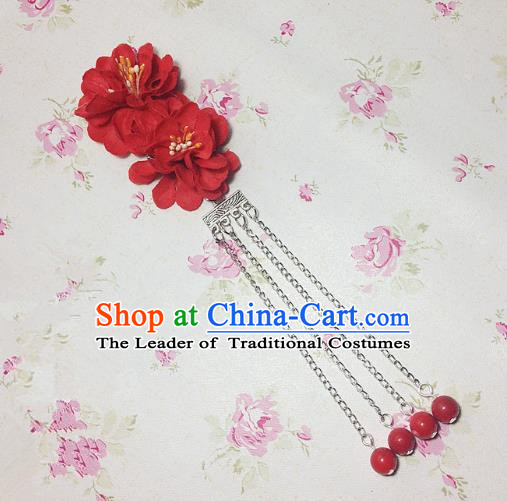 Traditional Chinese Ancient Classical Hair Accessories Hanfu Red Flowers Tassel Step Shake Bride Hairpins for Women