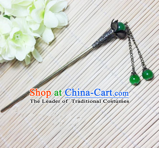 Traditional Chinese Ancient Classical Hair Accessories Hanfu Green Beads Hair Clip Tassel Step Shake Hairpins for Women