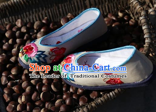 Asian Chinese Traditional Shoes Bride Grey Embroidered Shoes, China Peking Opera Handmade Embroidery Peony Shoe Hanfu Princess Shoes for Women