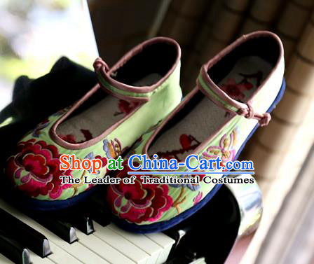 Asian Chinese Traditional Shoes Bride Green Embroidered Shoes, China Peking Opera Handmade Embroidery Peony Shoe Hanfu Princess Shoes for Women