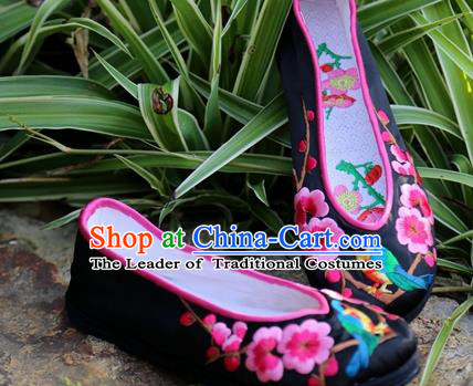 Asian Chinese Traditional Shoes Black Embroidered Shoes, China Peking Opera Handmade Embroidery Wintersweet Shoe Hanfu Princess Shoes for Women