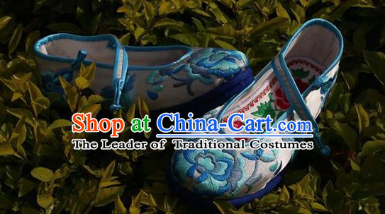 Asian Chinese Traditional Shoes Blue Bride Embroidered Shoes, China Peking Opera Handmade Embroidery Shoe Hanfu Princess Shoes for Women