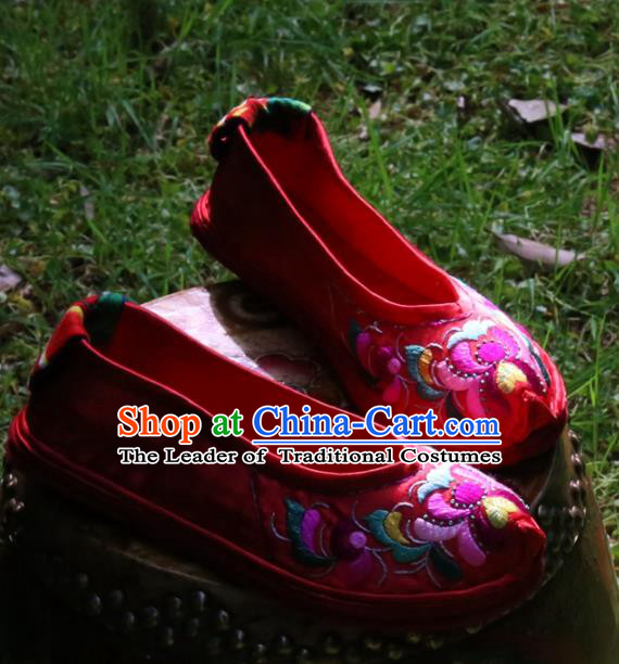 Asian Chinese Traditional Shoes Wedding Bride Embroidered Shoes, China Peking Opera Handmade Embroidery Shoe Hanfu Princess Red Shoes for Women