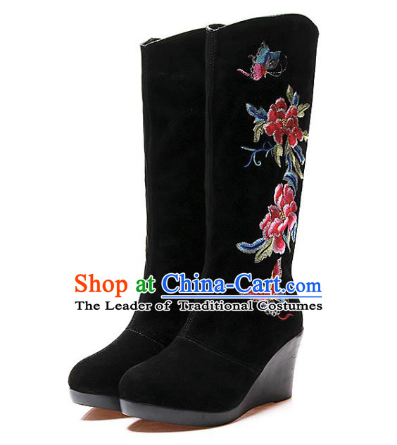 Asian Chinese Traditional Shoes Black Embroidered Boots, China Handmade Embroidery Peony Hanfu Shoes for Women