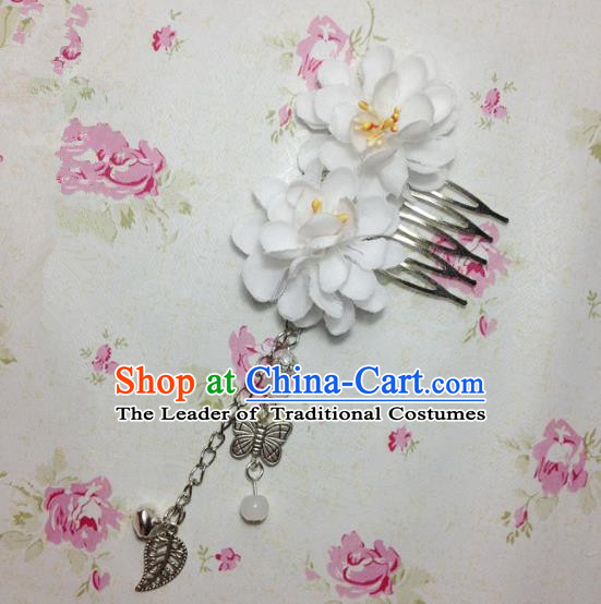 Traditional Chinese Ancient Classical Hair Accessories Hanfu White Flowers Hair Comb Bride Butterfly Tassel Hairpins for Women