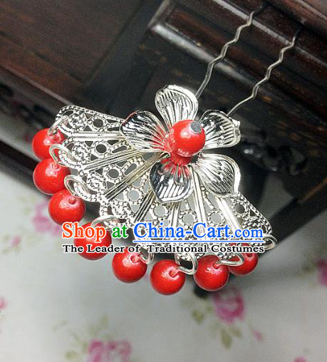 Traditional Chinese Ancient Classical Hair Accessories Hanfu Red Beads Tassel Hair Clip Bride Hairpins for Women