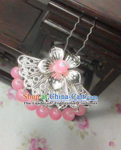 Traditional Chinese Ancient Classical Hair Accessories Hanfu Pink Beads Tassel Hair Clip Bride Hairpins for Women