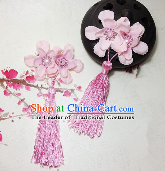 Traditional Chinese Ancient Classical Hair Accessories Hanfu Pink Flowers Tassel Hair Stick Bride Hairpins for Women