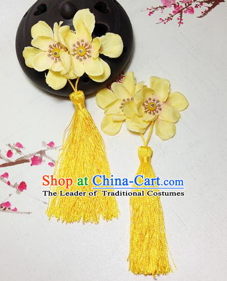 Traditional Chinese Ancient Classical Hair Accessories Hanfu Yellow Flowers Tassel Hair Stick Bride Hairpins for Women
